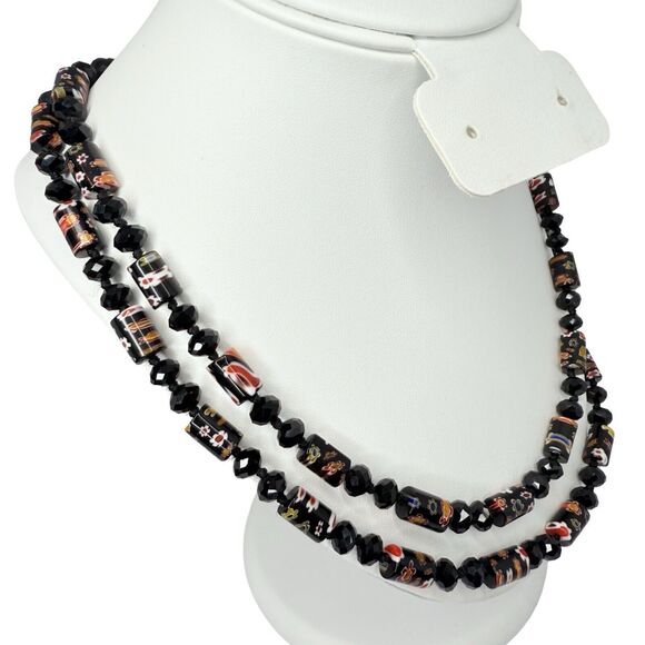 Vintage Black Millefiori Glass Crystal Beaded Necklace 24" Multi-Strand Layered - Picture 2 of 9
